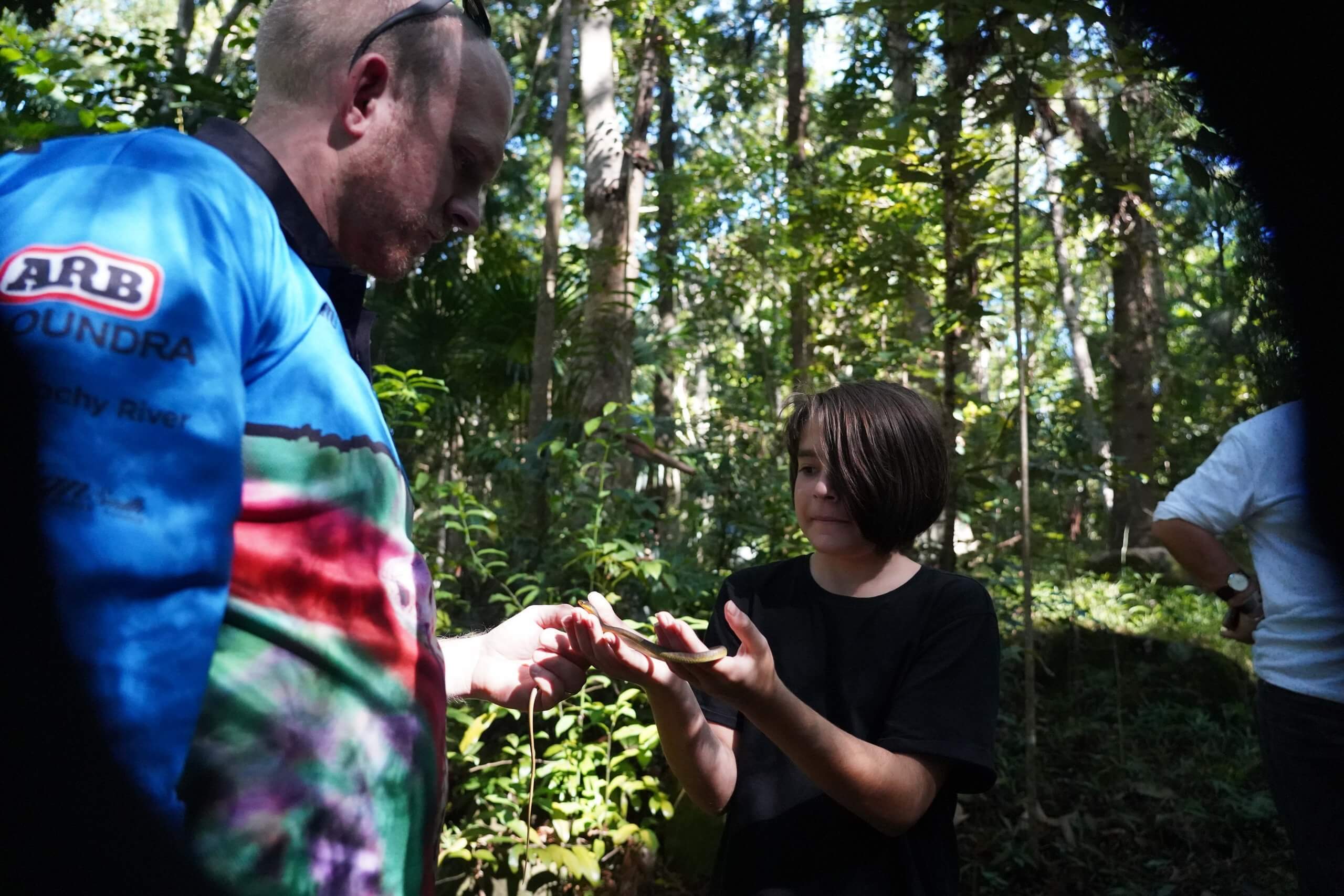 Kid holding tree snake on tour